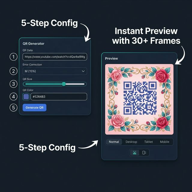 QR Generator panel with numbered steps showing data input, error correction, size slider, color picker, and generate button