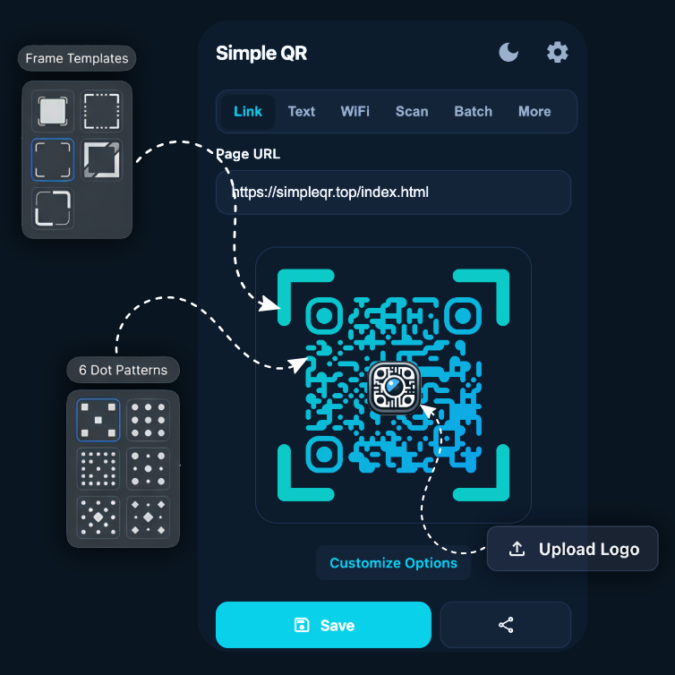 QR code customization interface showing dot patterns, gradient colors, logo upload, and frame templates