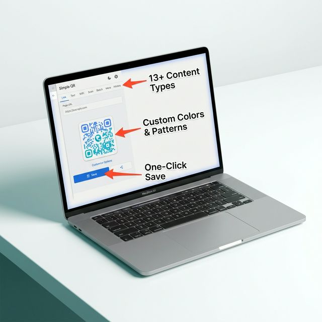 Simple QR Code Generator extension on a MacBook showing QR code generation with feature annotations - 13+ content types, custom colors, one-click save