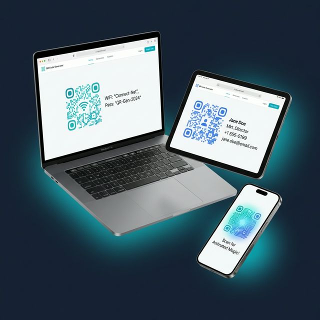 QR codes on laptop, tablet, and phone showing WiFi, vCard, and animated QR codes